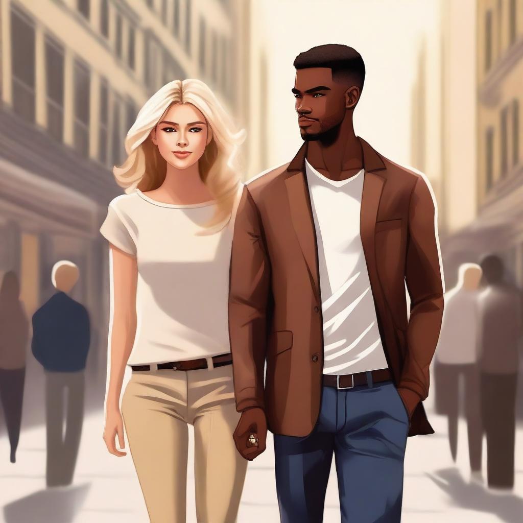 A high-quality digital art image showcasing a stunning blonde woman standing side by side with a handsome brown man