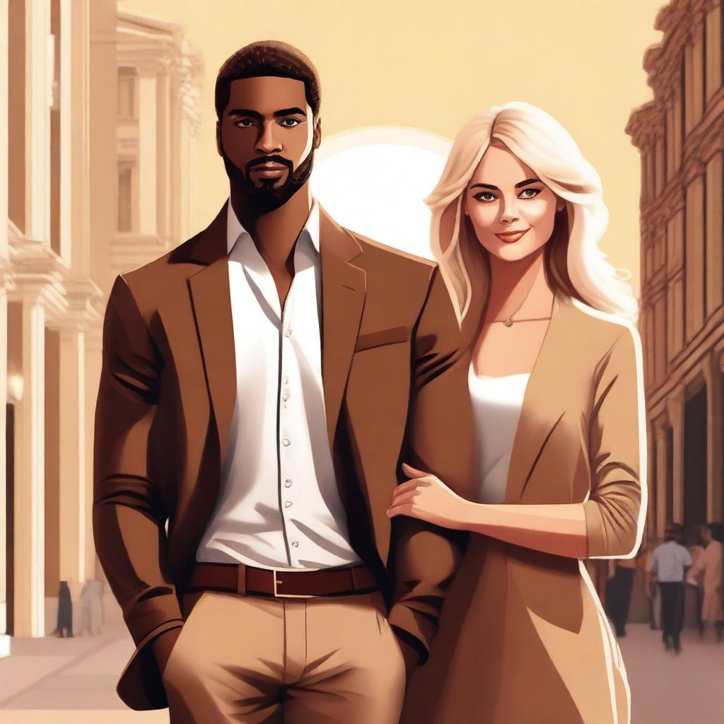 A high-quality digital art image showcasing a stunning blonde woman standing side by side with a handsome brown man