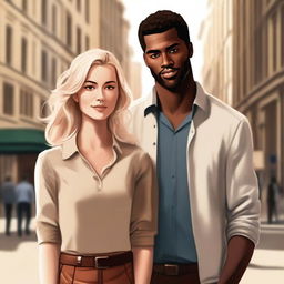 A high-quality digital art image showcasing a stunning blonde woman standing side by side with a handsome brown man