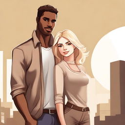 A high-quality digital art image showcasing a stunning blonde woman standing side by side with a handsome brown man