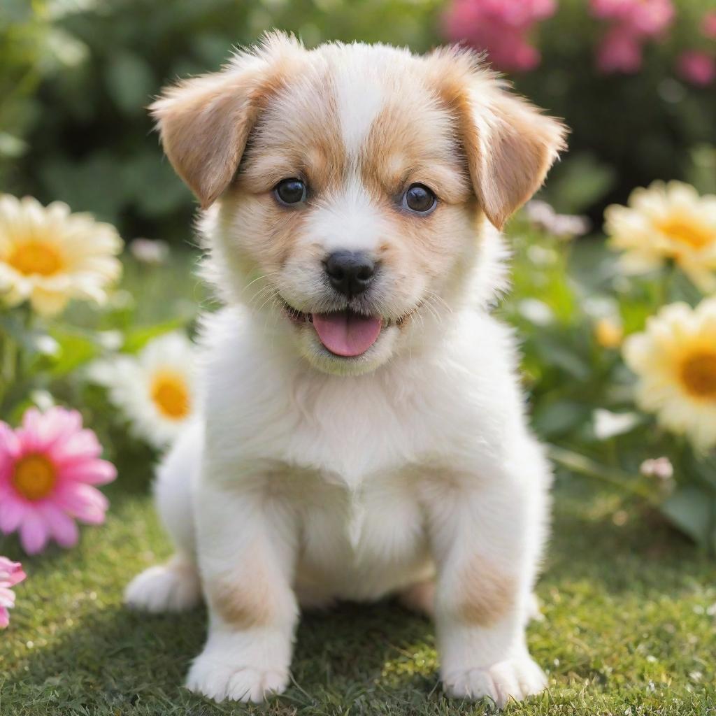 A playful and cute puppy with shiny fur and sparkling eyes in a vibrant garden.