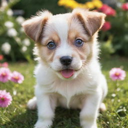 A playful and cute puppy with shiny fur and sparkling eyes in a vibrant garden.