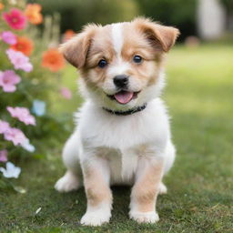 A playful and cute puppy with shiny fur and sparkling eyes in a vibrant garden.