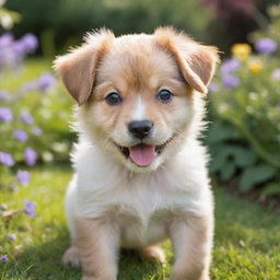 A playful and cute puppy with shiny fur and sparkling eyes in a vibrant garden.