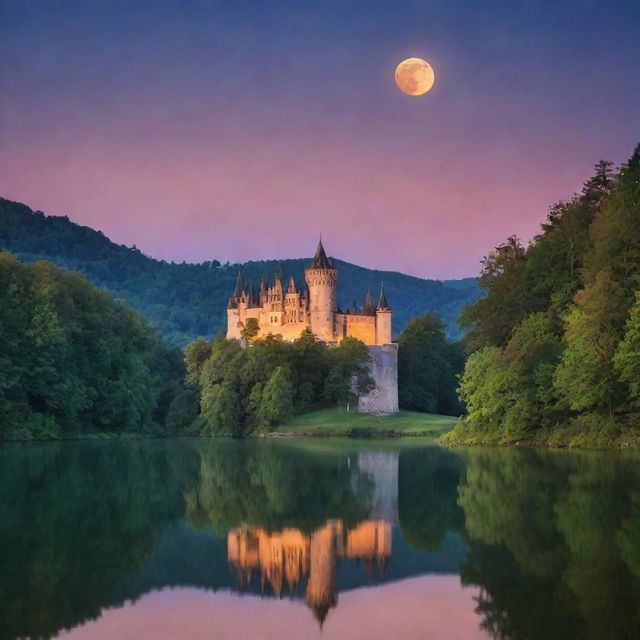 An impressively grand medieval castle flanked by a vibrant forest under a twilight sky, with an enchanting glowing moon shimmering on an adjacent serene lake.