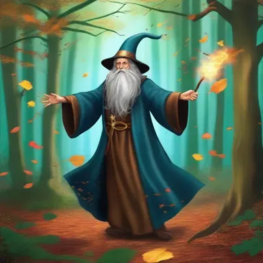 In the enchanted forest, the wizard used his magic staff to birl the leaves around in a mesmerizing dance.