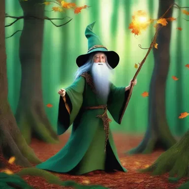 In the enchanted forest, the wizard used his magic staff to birl the leaves around in a mesmerizing dance.