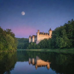 An impressively grand medieval castle flanked by a vibrant forest under a twilight sky, with an enchanting glowing moon shimmering on an adjacent serene lake.