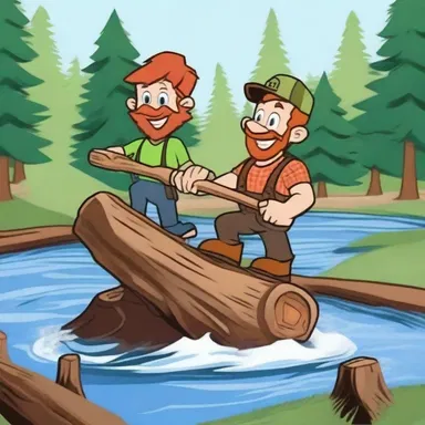 In the animated cartoon, the lumberjack birls the log effortlessly, causing it to spin rapidly on the river.