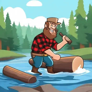 In the animated cartoon, the lumberjack birls the log effortlessly, causing it to spin rapidly on the river.