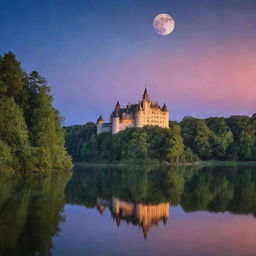 An impressively grand medieval castle flanked by a vibrant forest under a twilight sky, with an enchanting glowing moon shimmering on an adjacent serene lake.