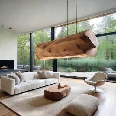 The modern house design incorporates a stunning centerpiece, a floating log birl that serves as a rotating focal point in the living room.