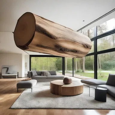 The modern house design incorporates a stunning centerpiece, a floating log birl that serves as a rotating focal point in the living room.