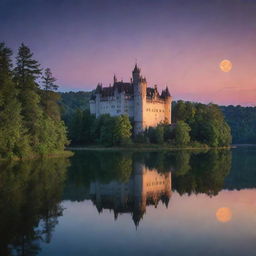 An impressively grand medieval castle flanked by a vibrant forest under a twilight sky, with an enchanting glowing moon shimmering on an adjacent serene lake.