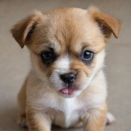 The same adorable puppy now with a furrowed brow, baring its tiny teeth in a display of feisty anger.