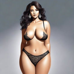 A digital art piece showcasing a voluptuous figure with a V-shaped hip, wearing an alluring and sexy lingerie