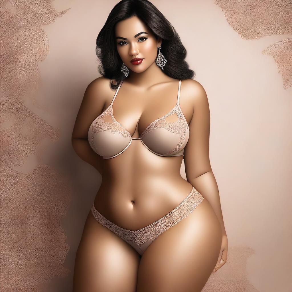 A digital art piece showcasing a voluptuous figure with a V-shaped hip, wearing an alluring and sexy lingerie