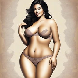 A digital art piece showcasing a voluptuous figure with a V-shaped hip, wearing an alluring and sexy lingerie