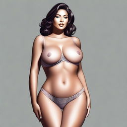 A digital art piece showcasing a voluptuous figure with a V-shaped hip, wearing an alluring and sexy lingerie