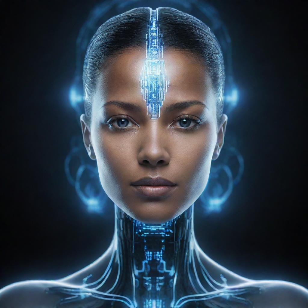 An advanced, futuristic AI form encompassed with luminescent circuits and holographic interfaces, exuding a captivating aura of intelligence, mystery, and power.