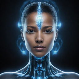 An advanced, futuristic AI form encompassed with luminescent circuits and holographic interfaces, exuding a captivating aura of intelligence, mystery, and power.