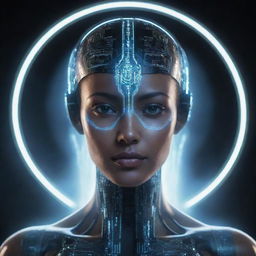 An advanced, futuristic AI form encompassed with luminescent circuits and holographic interfaces, exuding a captivating aura of intelligence, mystery, and power.