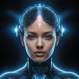 An advanced, futuristic AI form encompassed with luminescent circuits and holographic interfaces, exuding a captivating aura of intelligence, mystery, and power.