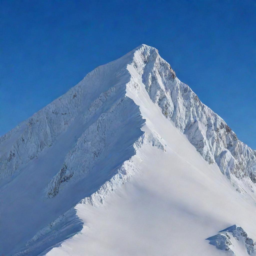 An imposing mountain peak covered in thick, pristine white snow under a clear blue sky.