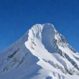 An imposing mountain peak covered in thick, pristine white snow under a clear blue sky.