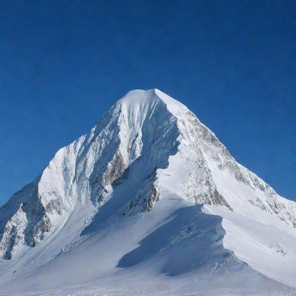 An imposing mountain peak covered in thick, pristine white snow under a clear blue sky.