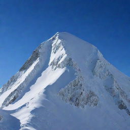 An imposing mountain peak covered in thick, pristine white snow under a clear blue sky.