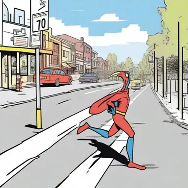 In the comic strip, the superhero crossed the pelican crossing to reach the other side of the road safely.
