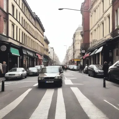 The author vividly described a bustling city street with cars patiently waiting for pedestrians to cross at the pelican crossing.