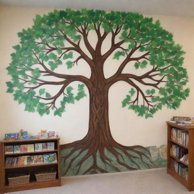 Produce a mural depicting a tree with roots anchored in books and branches holding different cultural symbols in harmony. The tree's leaves are made of friendly people of diverse backgrounds interacting positively, representing social cohesion in a disadvantaged library setting.