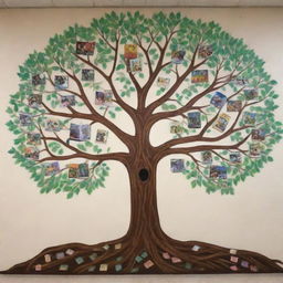 Produce a mural depicting a tree with roots anchored in books and branches holding different cultural symbols in harmony. The tree's leaves are made of friendly people of diverse backgrounds interacting positively, representing social cohesion in a disadvantaged library setting.