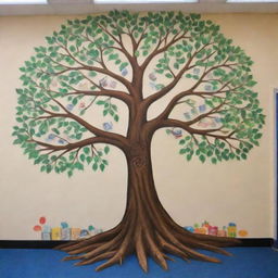 Produce a mural depicting a tree with roots anchored in books and branches holding different cultural symbols in harmony. The tree's leaves are made of friendly people of diverse backgrounds interacting positively, representing social cohesion in a disadvantaged library setting.