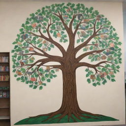 Produce a mural depicting a tree with roots anchored in books and branches holding different cultural symbols in harmony. The tree's leaves are made of friendly people of diverse backgrounds interacting positively, representing social cohesion in a disadvantaged library setting.