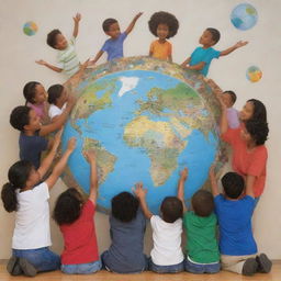 Present a mural with various separate zones, each showcasing different elements: a globe, children reading, adults teaching, diverse ethnicities sharing stories, and hands reaching out in unity. All parts should be framed by an overarching theme of unity in diversity within a disadvantaged library context.