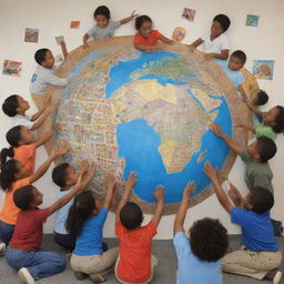 Present a mural with various separate zones, each showcasing different elements: a globe, children reading, adults teaching, diverse ethnicities sharing stories, and hands reaching out in unity. All parts should be framed by an overarching theme of unity in diversity within a disadvantaged library context.