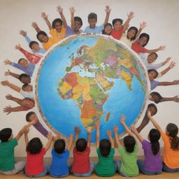 Present a mural with various separate zones, each showcasing different elements: a globe, children reading, adults teaching, diverse ethnicities sharing stories, and hands reaching out in unity. All parts should be framed by an overarching theme of unity in diversity within a disadvantaged library context.