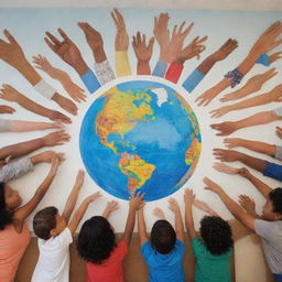 Present a mural with various separate zones, each showcasing different elements: a globe, children reading, adults teaching, diverse ethnicities sharing stories, and hands reaching out in unity. All parts should be framed by an overarching theme of unity in diversity within a disadvantaged library context.