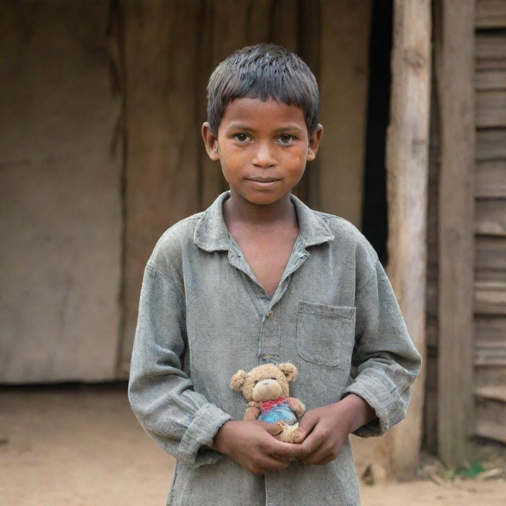 A humble village boy from a poverty-stricken area, wearing worn-out clothes and holding a handmade toy, standing in front of a rustic house with a hopeful expression on his face.