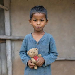 A humble village boy from a poverty-stricken area, wearing worn-out clothes and holding a handmade toy, standing in front of a rustic house with a hopeful expression on his face.