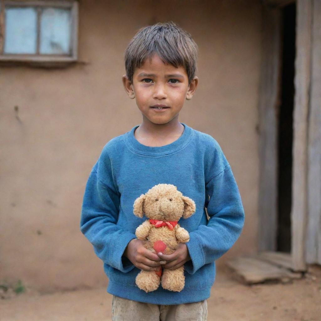 A humble village boy from a poverty-stricken area, wearing worn-out clothes and holding a handmade toy, standing in front of a rustic house with a hopeful expression on his face.