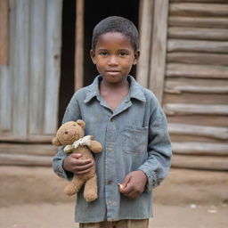 A humble village boy from a poverty-stricken area, wearing worn-out clothes and holding a handmade toy, standing in front of a rustic house with a hopeful expression on his face.