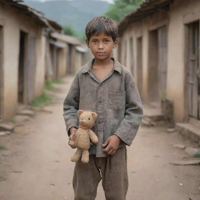 An AI generated image of a poor village boy, garbed in worn and faded clothing, holding a simple, handmade toy, with a background of a quiet, rustic village.