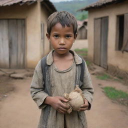 An AI generated image of a poor village boy, garbed in worn and faded clothing, holding a simple, handmade toy, with a background of a quiet, rustic village.