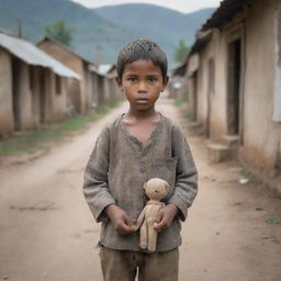 An AI generated image of a poor village boy, garbed in worn and faded clothing, holding a simple, handmade toy, with a background of a quiet, rustic village.