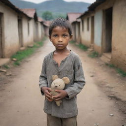 An AI generated image of a poor village boy, garbed in worn and faded clothing, holding a simple, handmade toy, with a background of a quiet, rustic village.