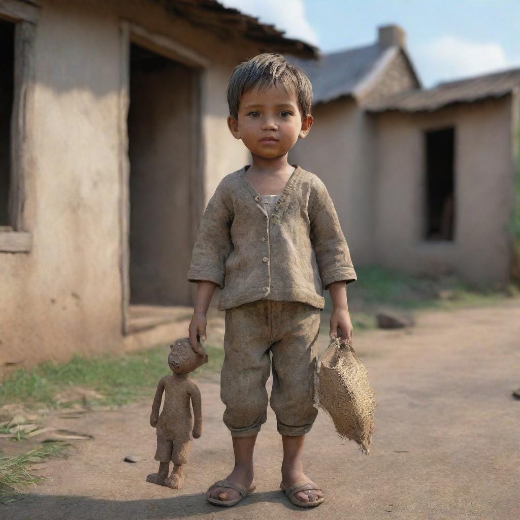 A 3D AI generated image of a poor village boy in weathered clothing, holding a rough-hewn toy, set against the backdrop of a humble, rural village environment.